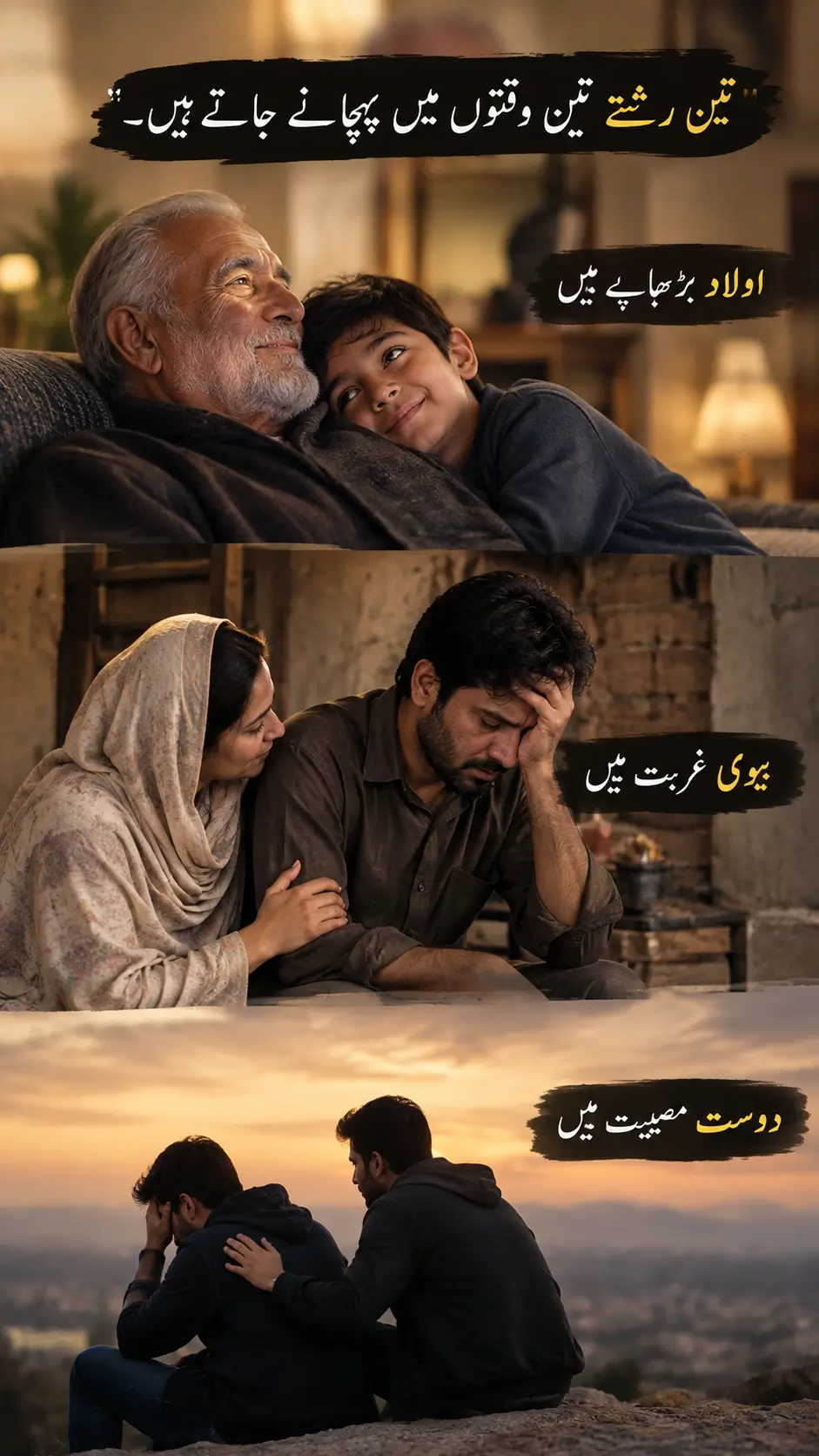  تین رشتے تین وقتوں میں پہچانے جاتے ہیں۔ اولاد بڑھاپے میں، بیوی غربت میں، دوست مصیبت میں
